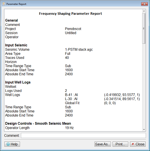 Parameter Report dialog