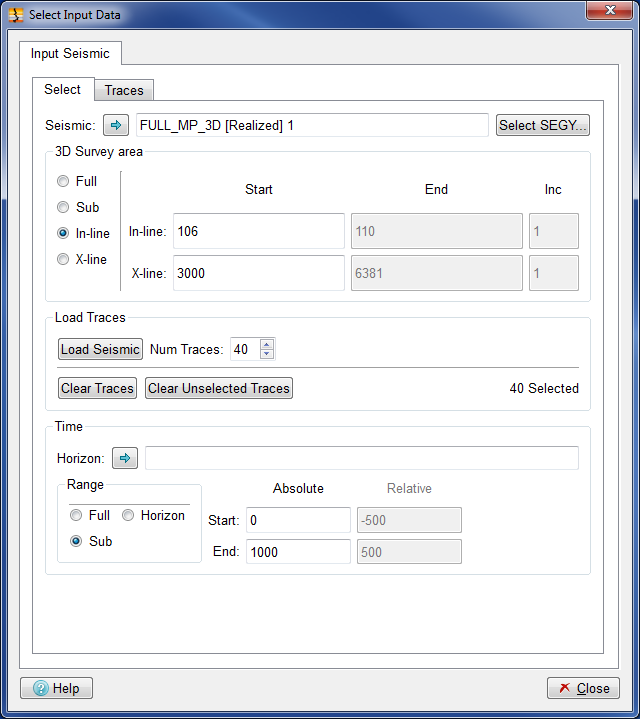 Select Input Data dialog (Input Seismic Tab)