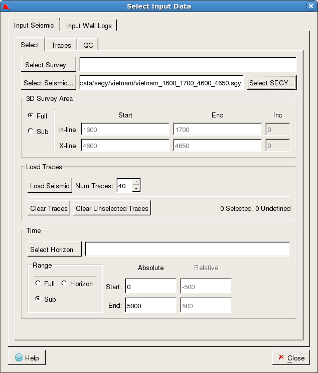 Select Input Data dialog (Input Seismic tab) for SEGY