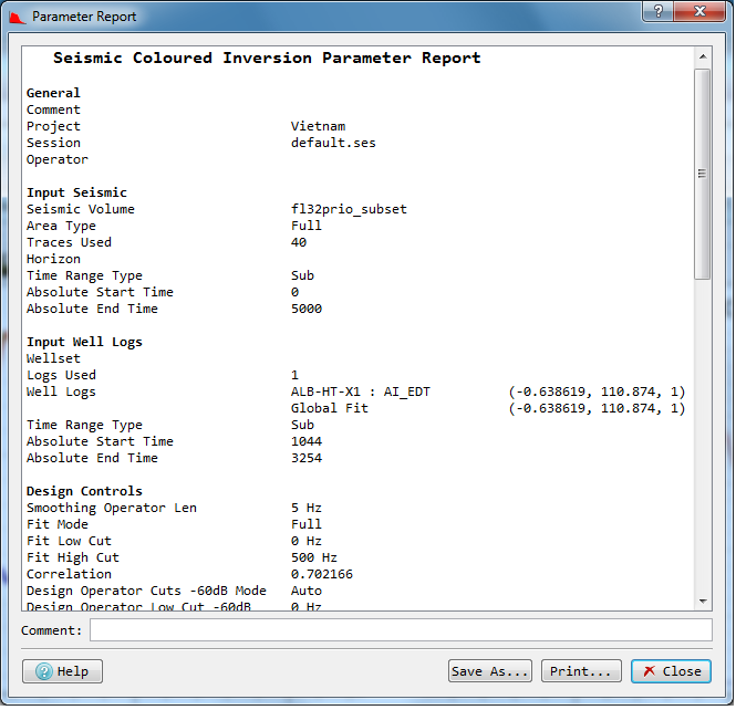 Parameter Report dialog