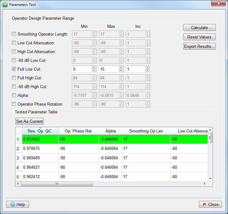 Parameter Test Tab with Full Low Cut range
