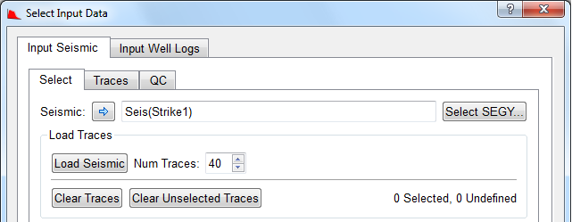 Select Input Data dialog (Input Seismic tab) for 2D seismic line