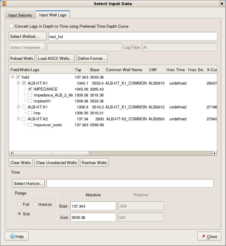 Select Input Data Dialog - Input Well Log tab