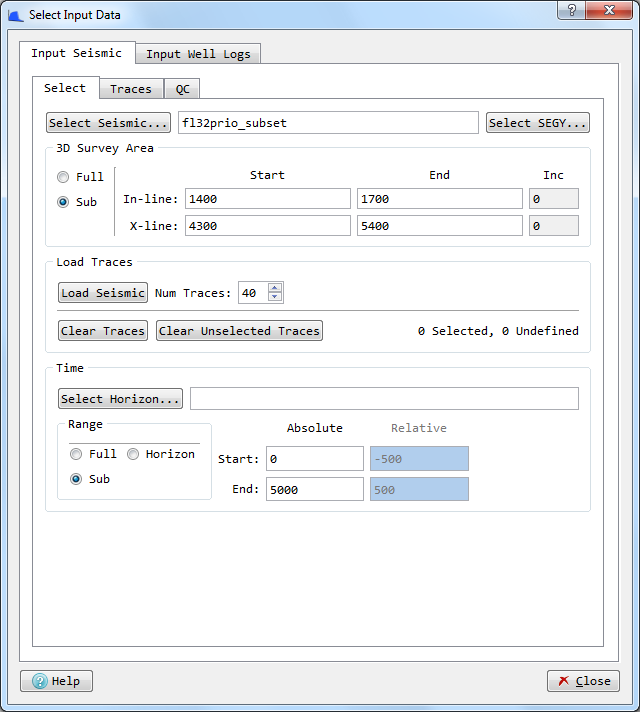 Select Input Data dialog (Input Seismic tab)