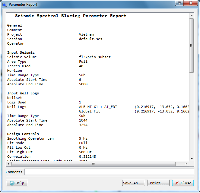 Parameter Report dialog