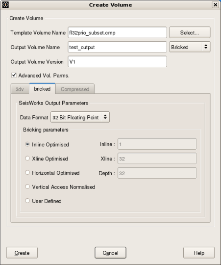 Create New Seismic Volume - Advanced Volume Parameters (Bricked Tab)