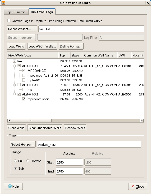 Select Input Data dialog (Input Well Log tab)