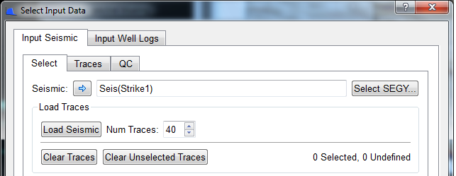 Select Input Data dialog (Input Seismic tab) for 2D seismic line
