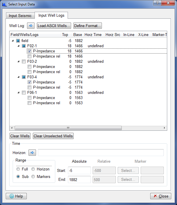 Select Input Data Dialog - Input Well Log tab